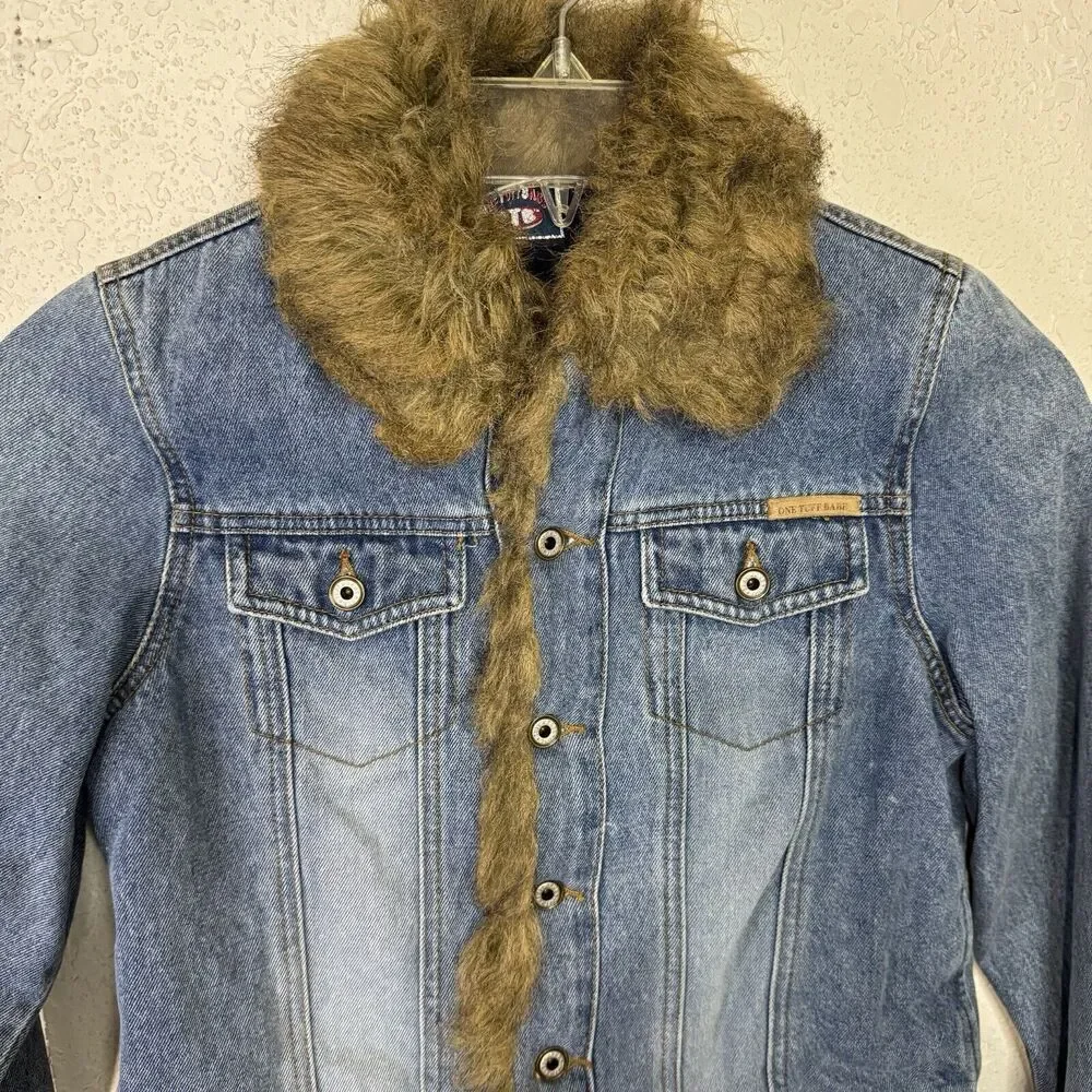One Tuff Babe Denim Jacket Faux Fur Trim Blue Woman Size L Button Close‎ - Picture 11 of 11